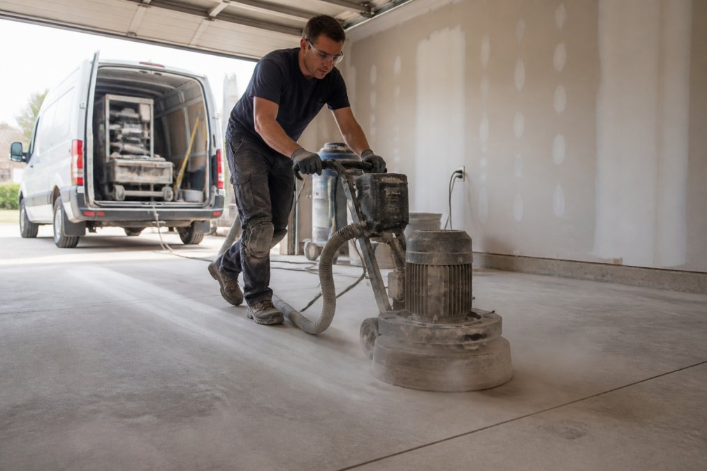 Contractor using a diamond grinder on concrete, impacting the total epoxy floor coating installation cost.