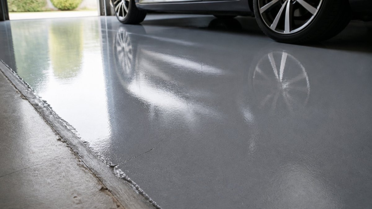 Close-up of a glossy grey epoxy-coated garage floor with a car parked on it, natural light reflecting off the smooth surface, hairline crack visible near the edge