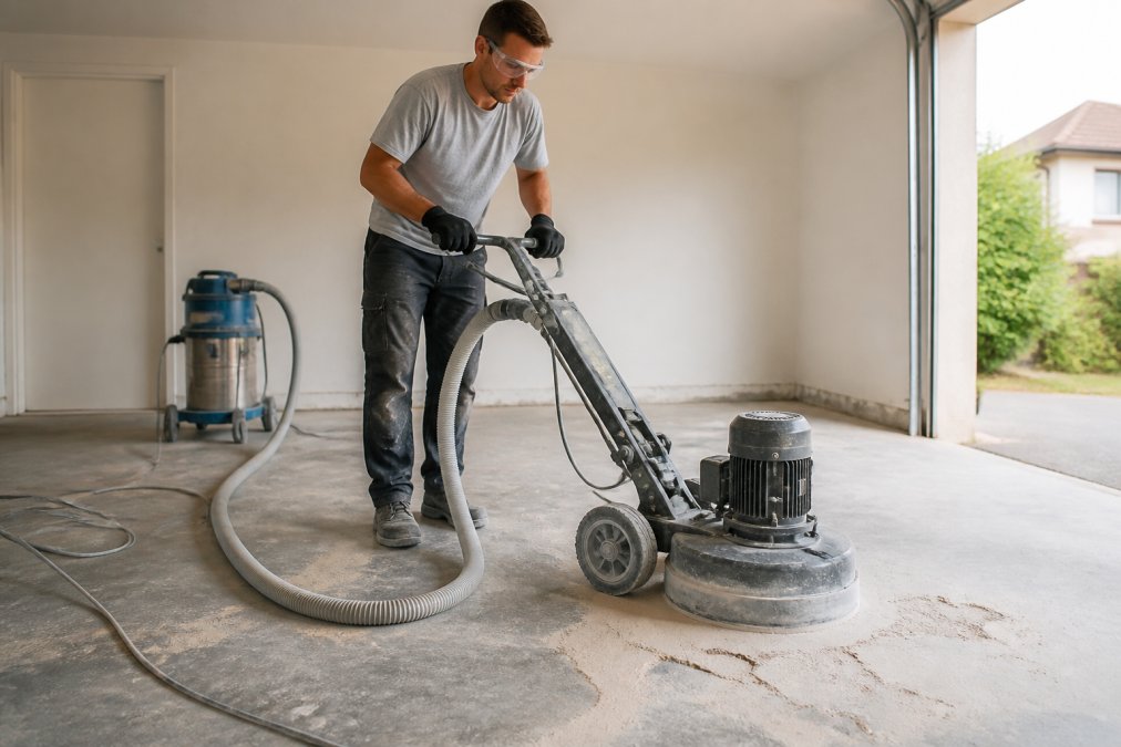 Worker using a concrete grinder with dust extraction to prep a garage floor for epoxy floor installation