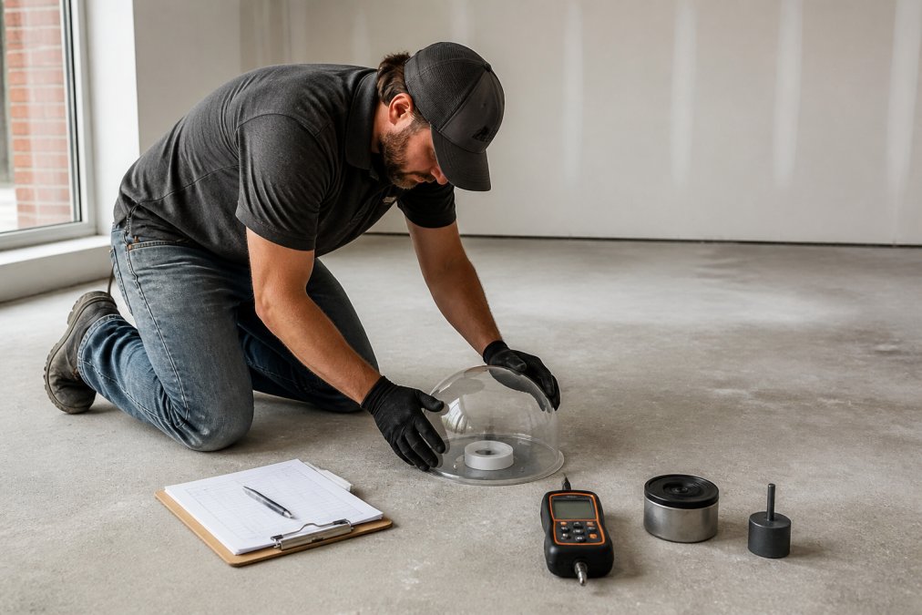 Professional technician performing calcium chloride moisture test on concrete slab, carefully placing sealed dome over testing apparatus with measurement tools visible on work surface