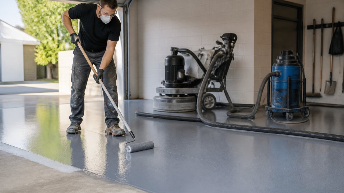 A professional concrete resurfacing technician applying epoxy coating to a residential garage floor with a roller, wearing safety gear, with diamond grinding equipment visible in the background