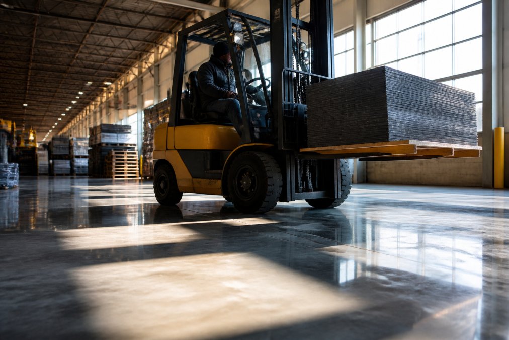 Heavy forklift moving across a polished industrial epoxy floor in a warehouse, with sunlight streaming through large windows highlighting the seamless, glossy surface and the equipment's weight distribution on the coating