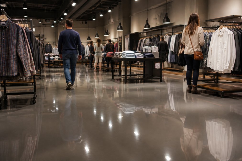 Busy retail showroom with customers browsing merchandise, glossy epoxy floor reflecting bright overhead lighting and displaying a seamless, mirror-like surface