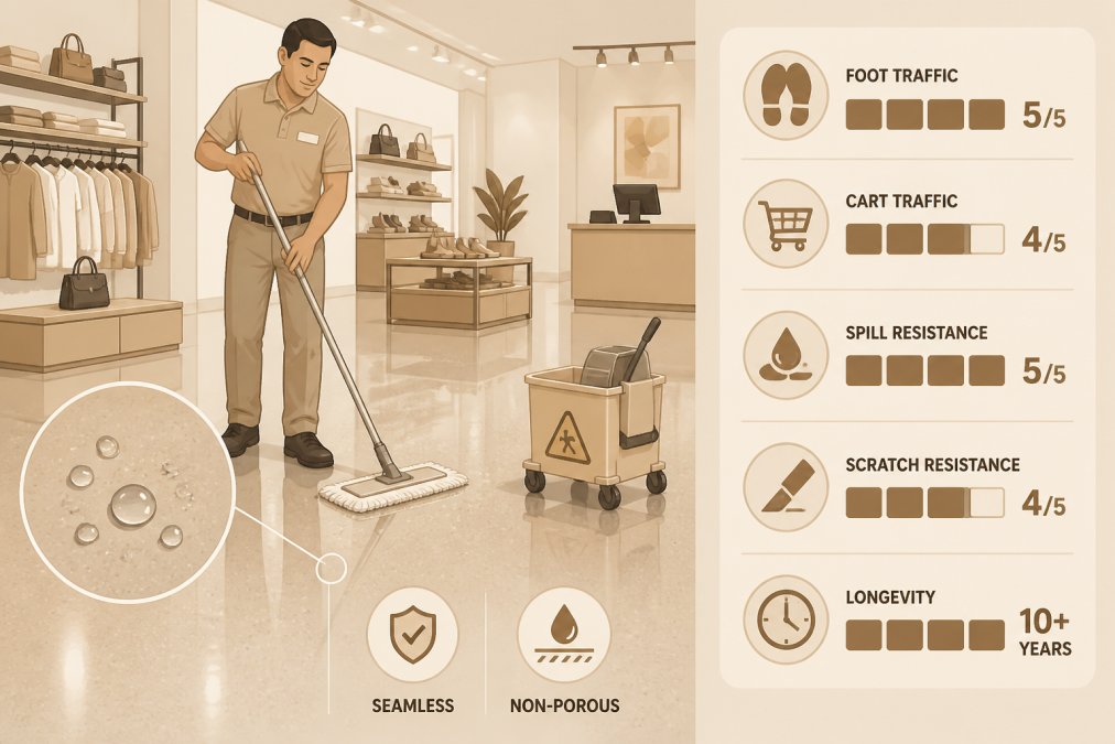 Retail worker in uniform mopping a polished epoxy floor with professional cleaning equipment, showing the glossy non-porous surface and water beading on the seamless coating