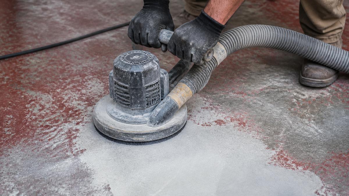 Close-up of a person using a diamond grinder on a concrete floor, with dust shroud attached and vacuum hose visible, showing surface preparation in progress