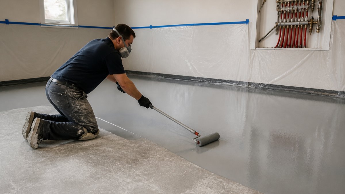 Contractor applying epoxy flooring over radiant heat on a concrete garage slab with visible hydronic tubing