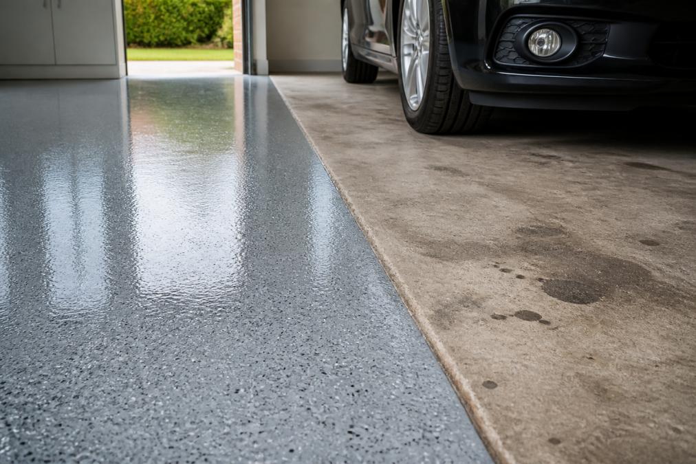 Infographic comparing epoxy flooring vs concrete sealing durability with a garage floor showing stain resistance.