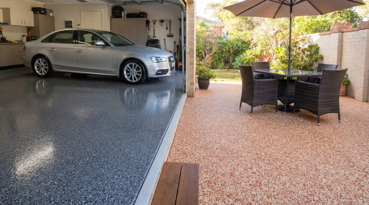 Split-view photograph of a glossy, high-shine epoxy garage floor with a car parked inside, contrasted against a textured, coloured spray pave patio with outdoor furniture in bright sunlight