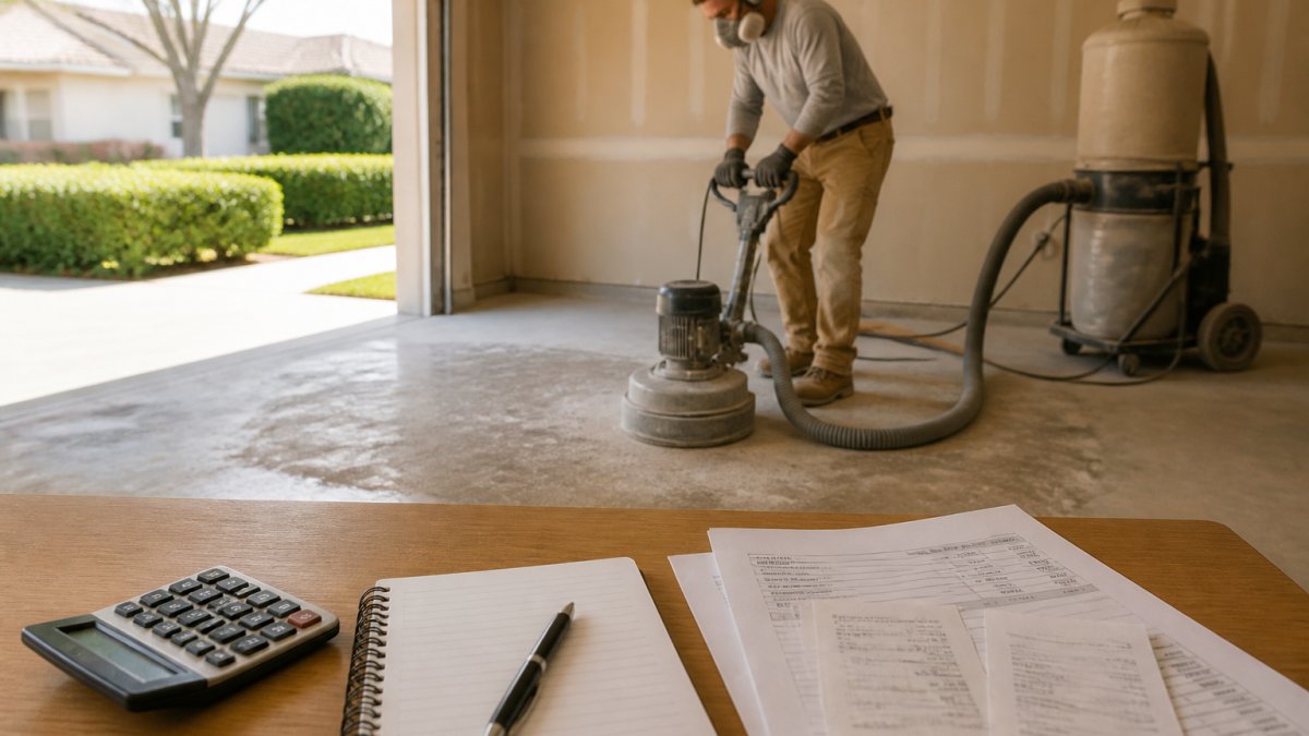 A worker in safety gear using a concrete grinder on a residential garage floor, with dust collection equipment visible and the garage door open to daylight