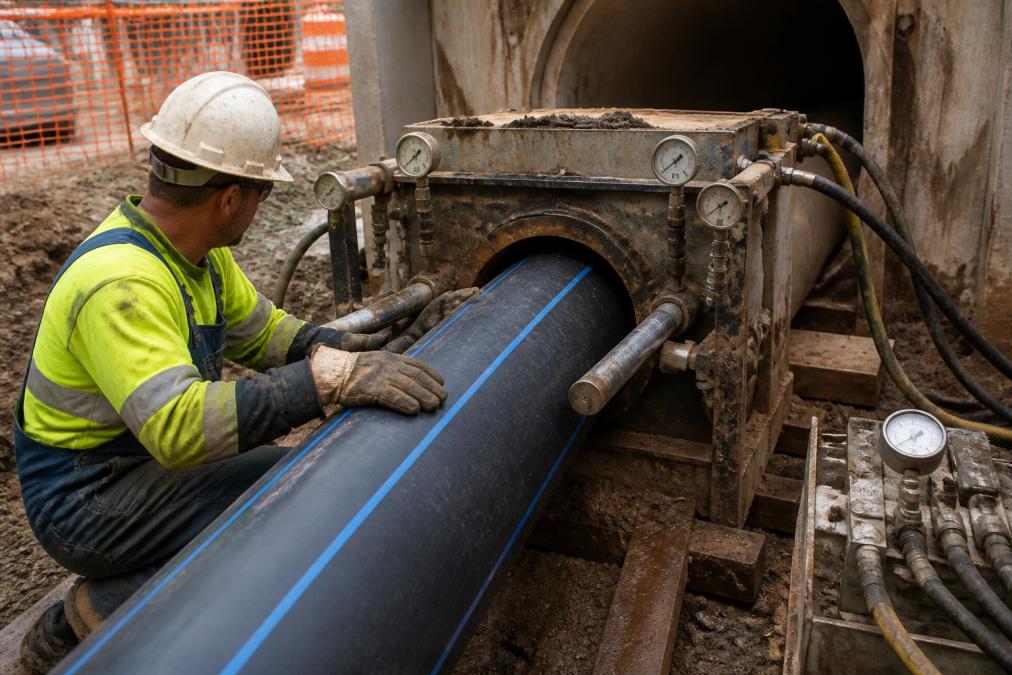 Professional illustration showing Crew, HDPE for epoxy pipe lining vs slip lining