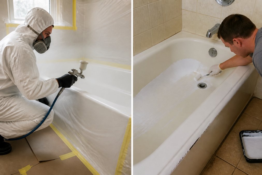 Professional technician in full protective gear (respirator, gloves, coveralls) spray-applying coating to bathtub with precision equipment in well-ventilated bathroom