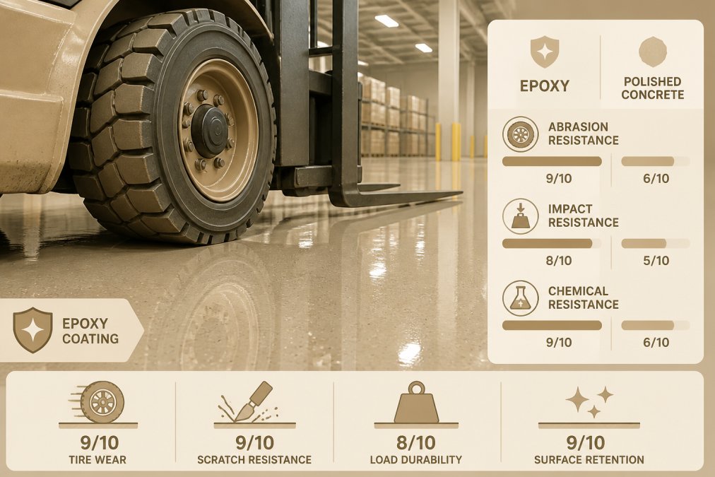 Close-up of forklift tire on an epoxy-coated warehouse floor showing glossy surface texture and protective coating shine under warehouse lighting