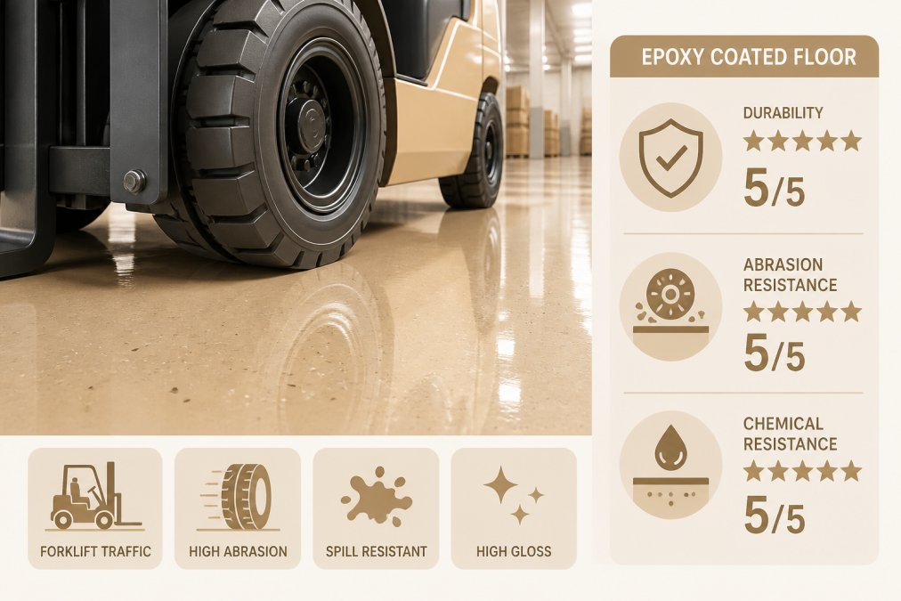 Professional illustration showing epoxy vs polished concrete