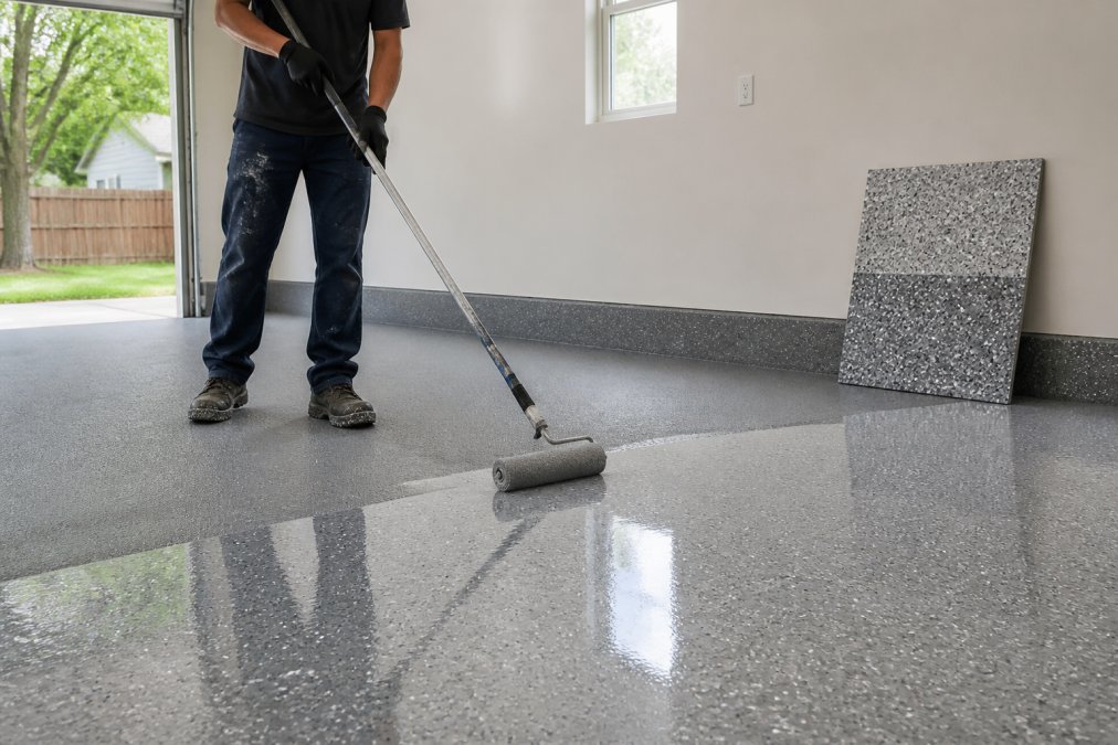 A technician in a clean garage rolling a glossy top coat onto a concrete floor, with a freshly coated epoxy base layer visible in the foreground and a flake finish sample board leaning against the wall