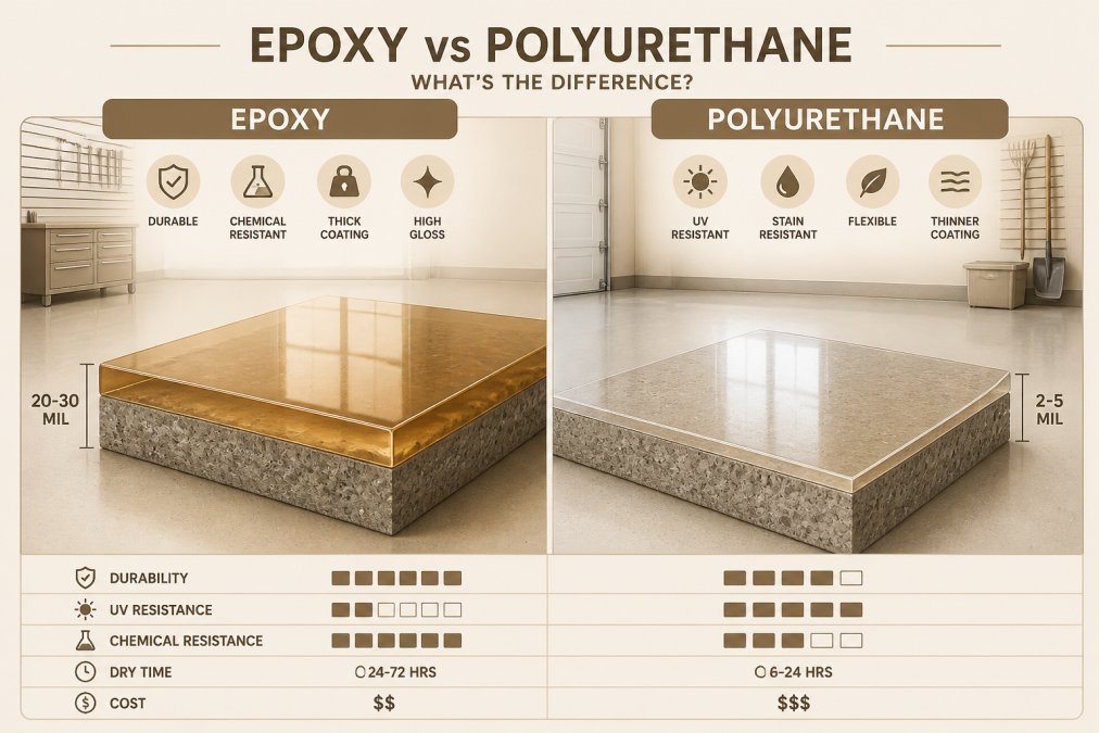 Side-by-side comparison of two concrete floor samples: one with a glossy, thick amber-toned epoxy finish and one with a thinner, clearer polyurethane finish, both on a garage floor