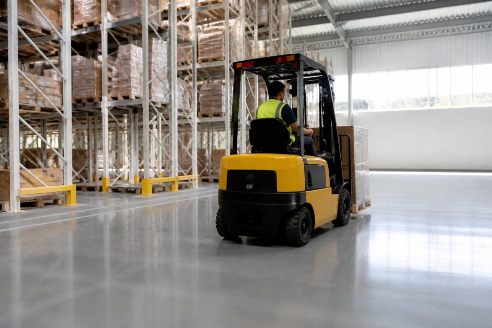 Worker driving a forklift across a durable grey polyurethane flooring surface in a warehouse
