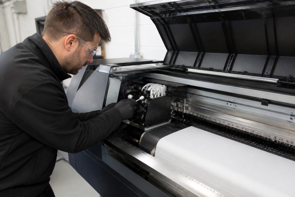 A print technician in gloves and safety glasses wiping the printhead carriage of a large-format DTF printer with a lint-free swab inside a clean workshop