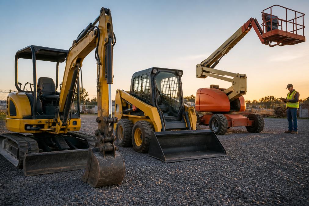 A compact excavator, skid steer, and boom lift lined up on a gravel equipment yard at golden hour, with a rental yard worker in a safety vest checking a clipboard in the background
