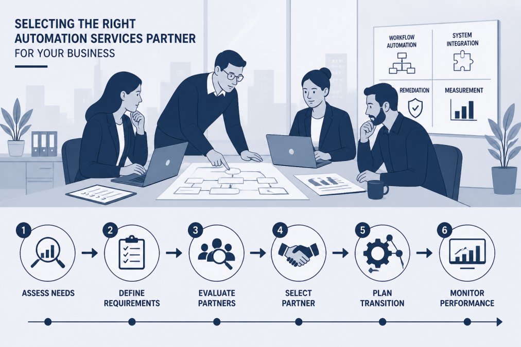 Professional team collaborating around a table with laptops and documents, reviewing workflow automation strategy in a modern office with natural light