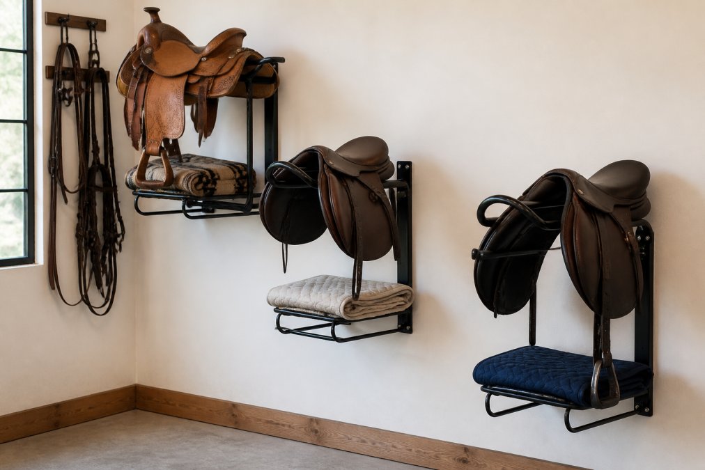 A clean, well-lit tack room wall with three different metal saddle racks mounted at staggered heights, each holding a leather English or Western saddle with folded saddle pads resting on the bars below
