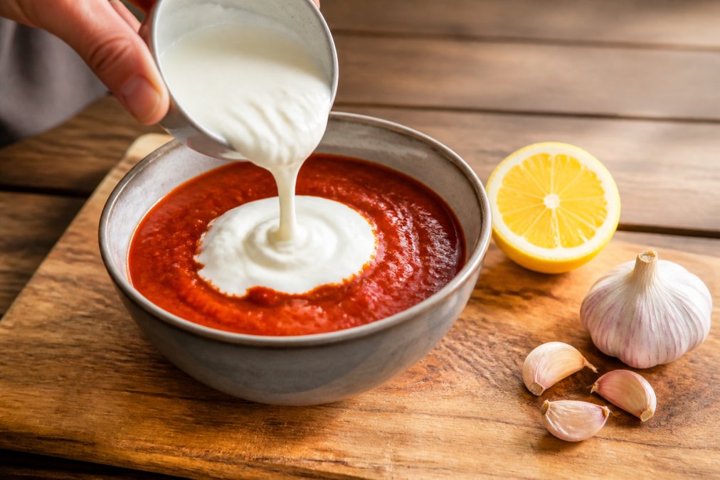 Main versant du yaourt blanc crémeux dans un bol de sauce rouge épicée, avec des ingrédients frais (citron frais, gousses d'ail) disposés à proximité sur une planche à découper en bois naturel, lumière du jour douce