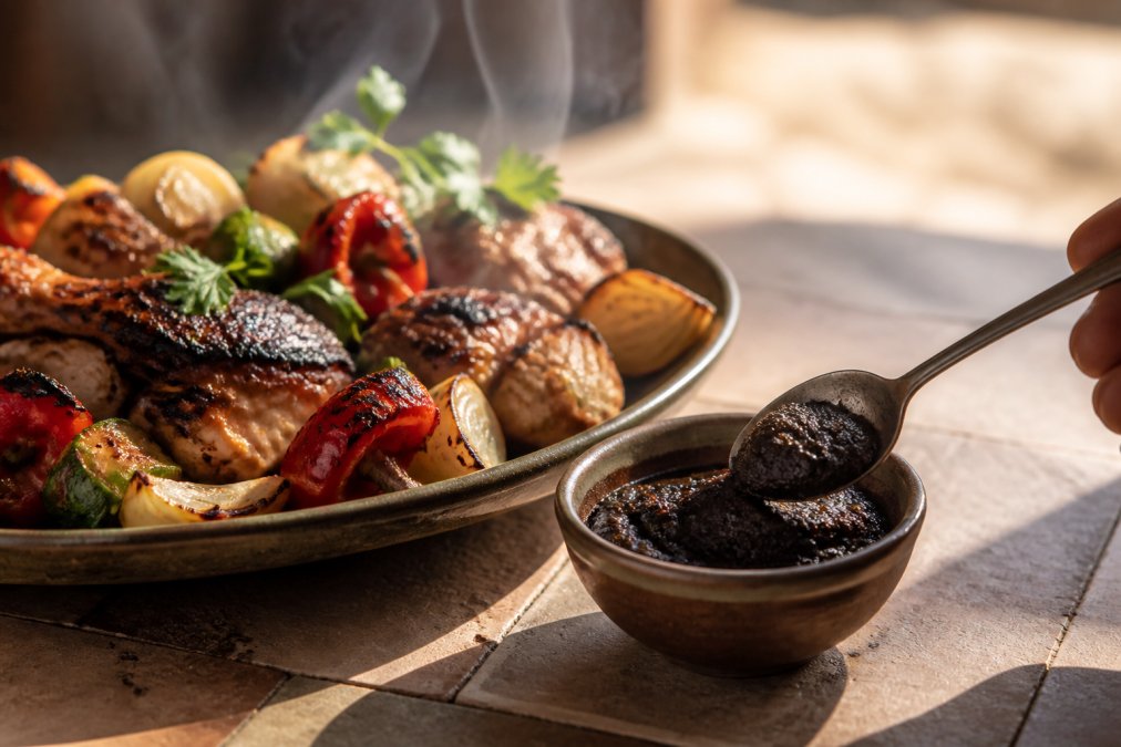 Cuillère remplie de pâte de citron noir (loumi) présentée élégamment à côté d'une assiette de grillades fumantes, montrant comment la pâte complète un plat épicé, lumière naturelle chaude