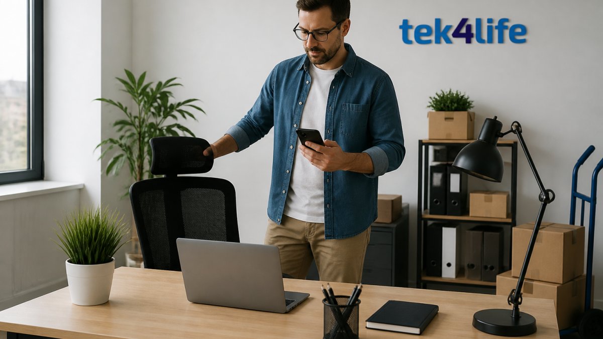 Profissional em escritório moderno a preparar espaço de trabalho com secretária, cadeira ergonómica e computador portátil, consultando telemóvel para verificar disponibilidade de stock