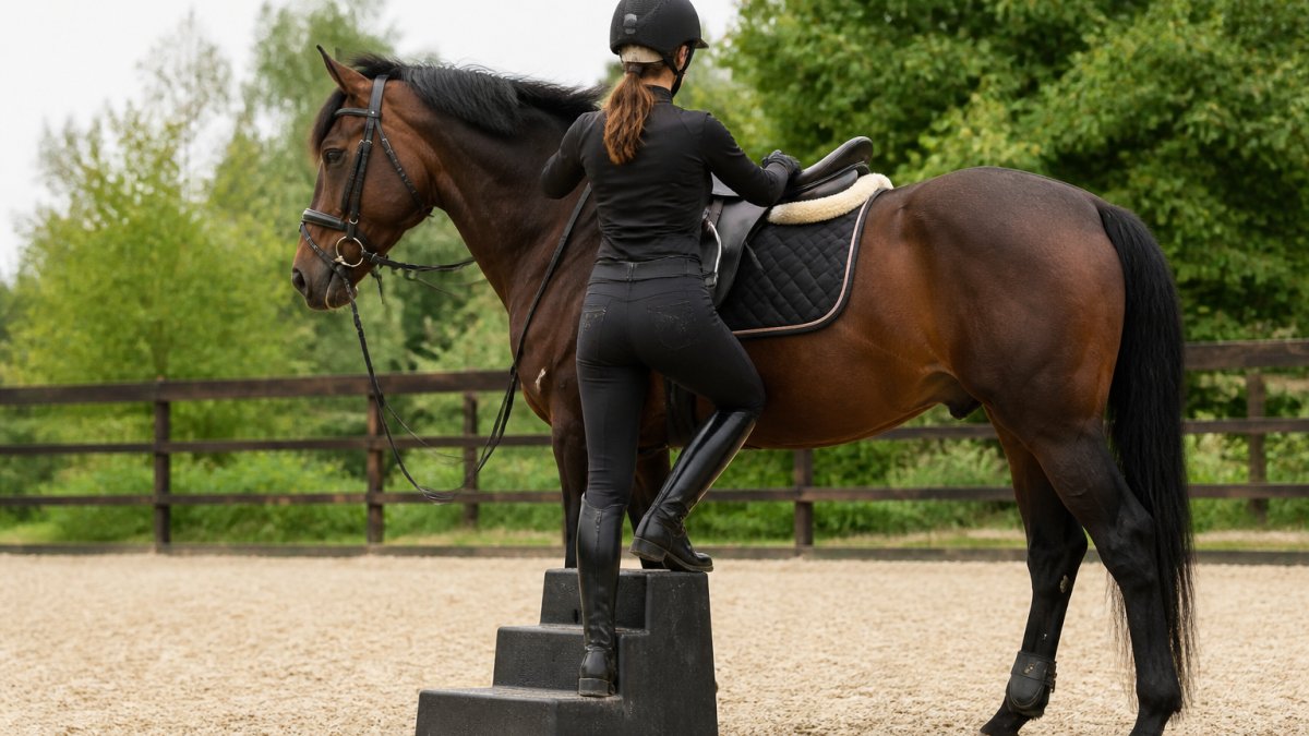 Cavalier en tenue d'équitation complète montant un cheval en carrière, montrant la bombe, les vêtements techniques, les bottes et les gants d'équitation, avec un ajustement professionnel visible