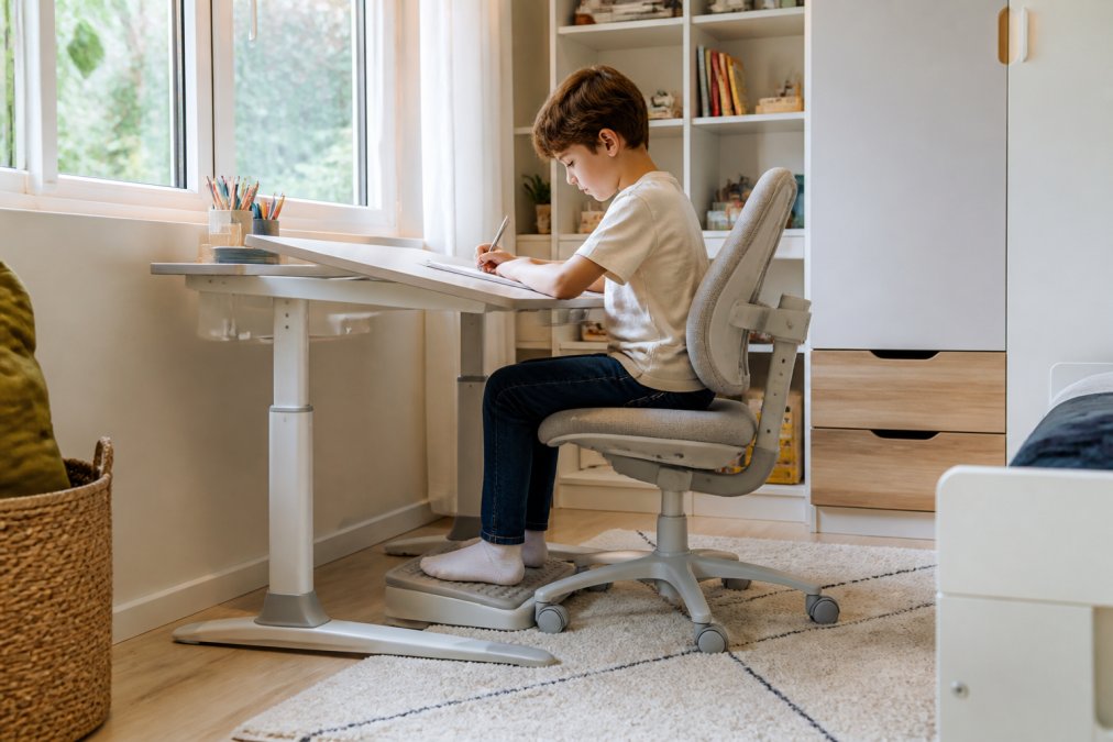 Enfant de 8 ans assis à un bureau réglable ergonomique, dos droit et pieds bien à plat, en train de dessiner.