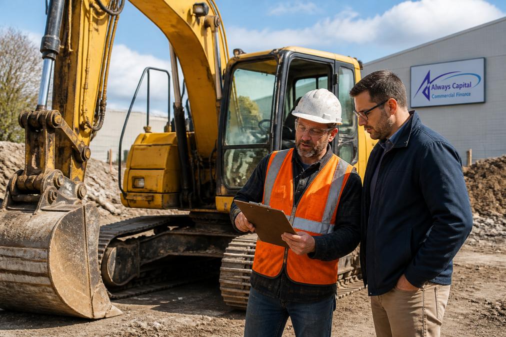 A construction business owner in a hard hat and safety vest standing beside a used excavator on a job site, holding a clipboard with maintenance records while a lender representative reviews the machine in daylight