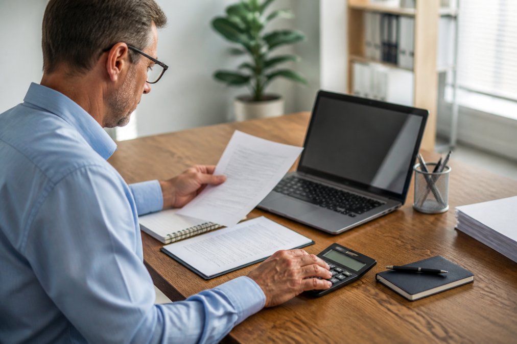A business owner at a desk reviewing equipment financing numbers on a laptop screen, with a calculator and printed loan documents nearby in a bright office