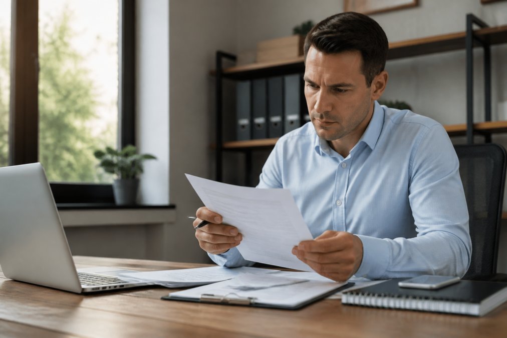 A business owner in a well-lit office reviewing financial statements and loan documents at a desk, with a laptop open beside them