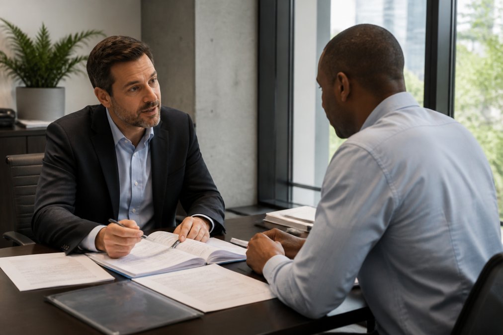 A financial advisor in a professional office setting discussing documents with a small business owner across a conference table, both engaged and attentive