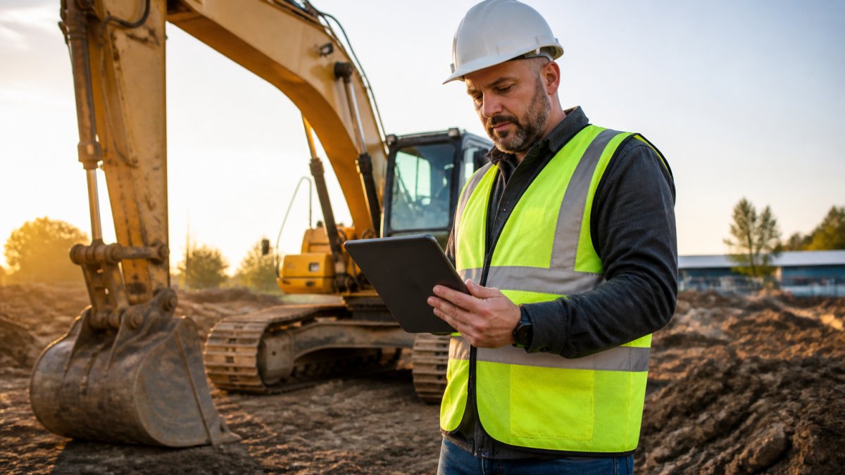 A construction business owner in a hard hat reviewing paperwork on a tablet while standing next to an excavator on a job site, morning light