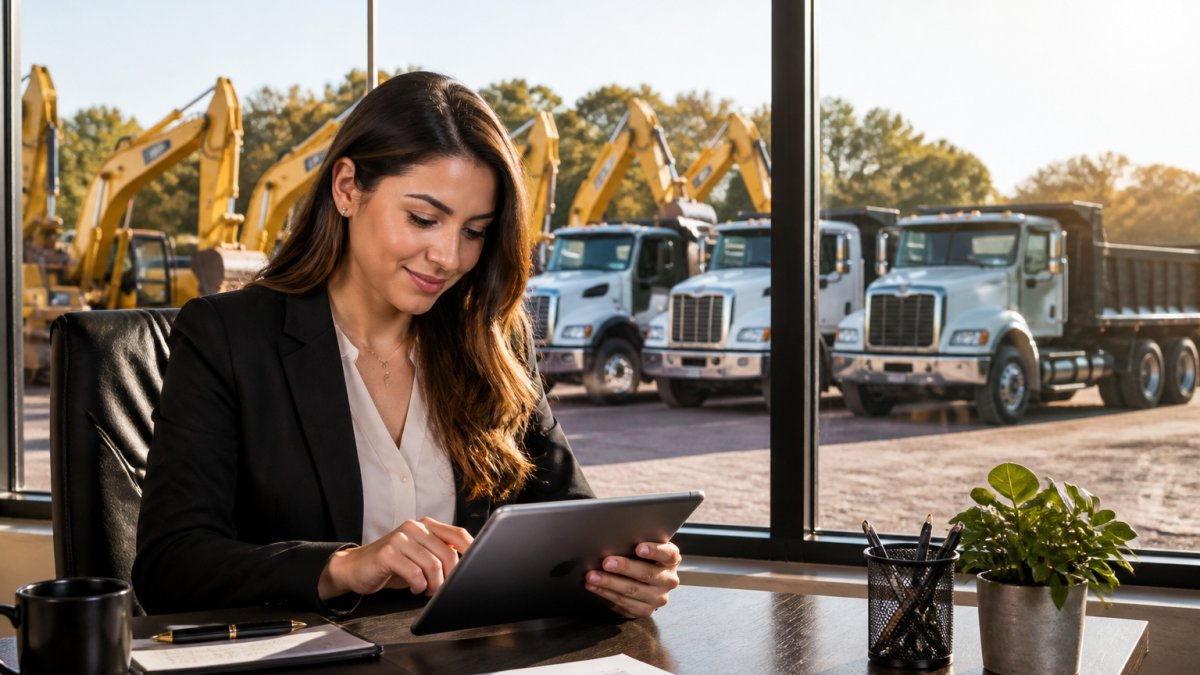 A broker at a desk reviewing a tablet with a fleet of excavators and dump trucks visible through a dealership window behind them, warm afternoon light across the lot