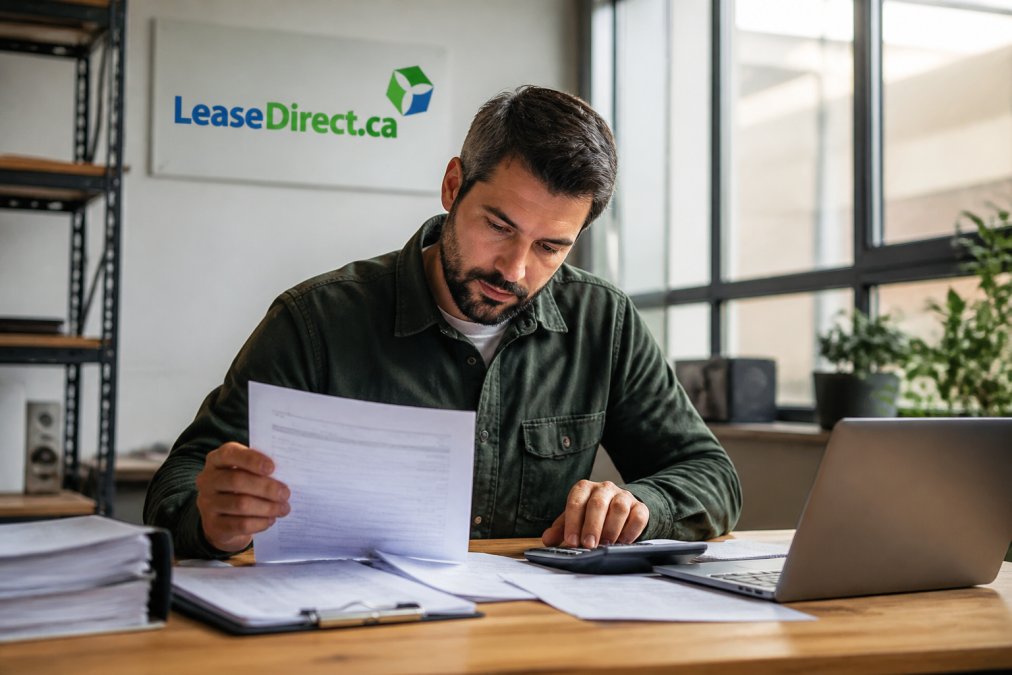 Business owner reviewing financial documents and credit statements at desk with laptop and calculator in bright office setting