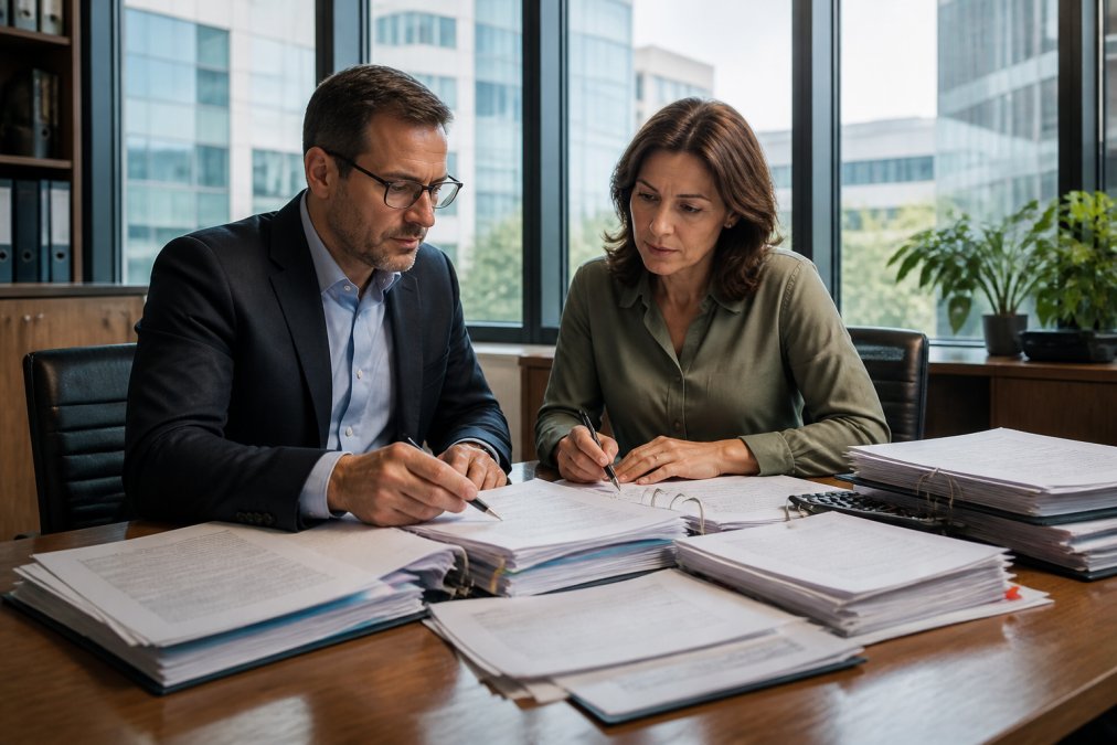 Business owner and financial advisor reviewing equipment financing documents and lease agreements at a desk with multiple files and a laptop in a professional office setting with natural light