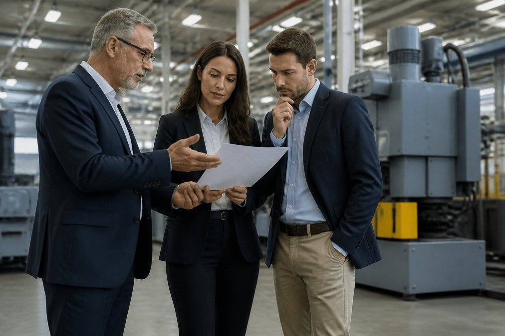 Management team discussing manufacturing equipment options in a modern factory setting with production equipment visible in the background and natural industrial lighting