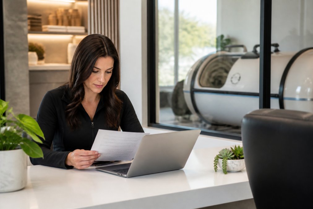 A spa owner reviewing a financing application on a laptop at a modern wellness facility desk, with a hyperbaric chamber visible through the glass partition behind them