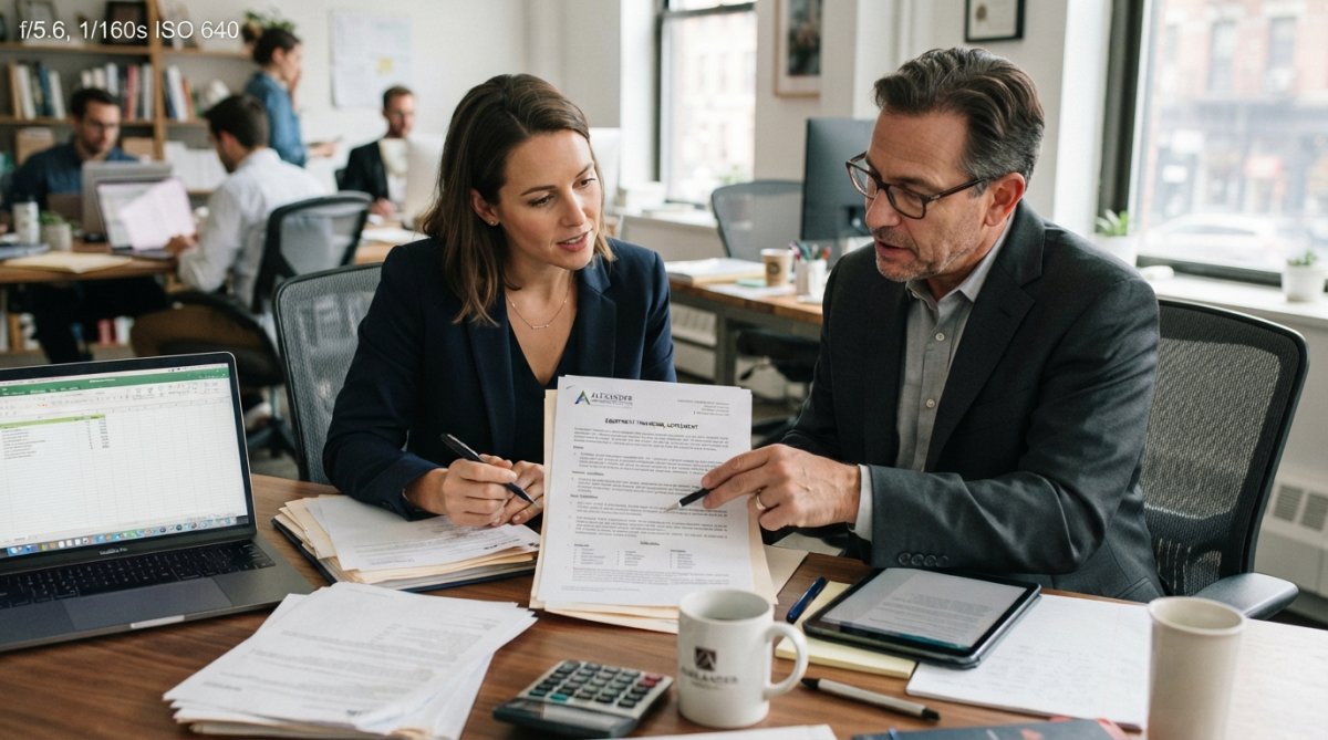 Startup founder reviewing equipment financing documents with a financial advisor at a desk, discussing terms and paperwork, with laptop and loan agreement visible
