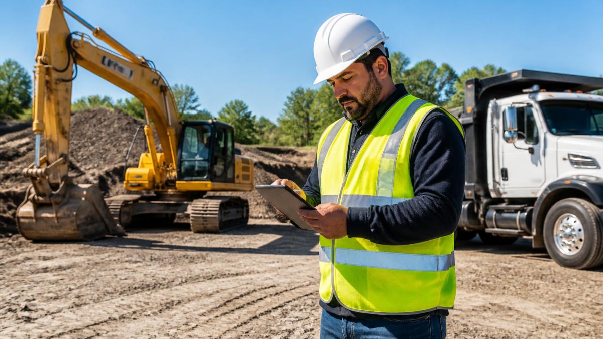 Construction business owner reviewing equipment financing documents on a tablet at a sunny job site with heavy machinery