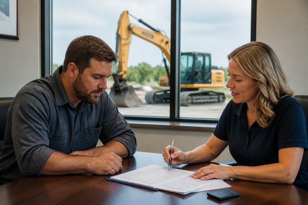 A business owner in a work shirt reviewing paperwork with a loan specialist across a desk, a new excavator visible through the office window behind them