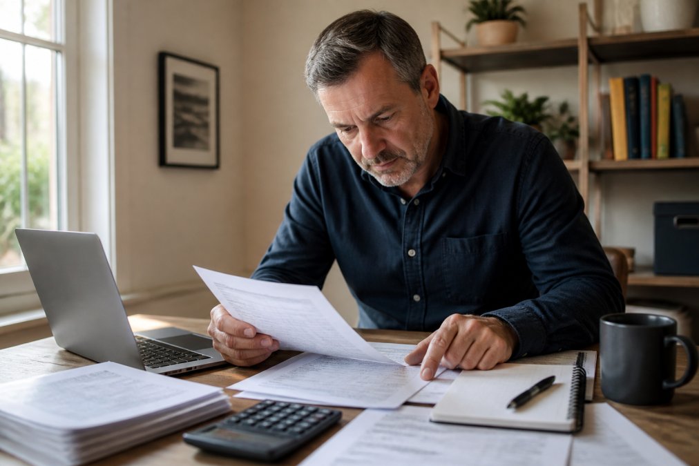 Small business owner reviewing financial documents and credit reports to prepare for equipment financing.