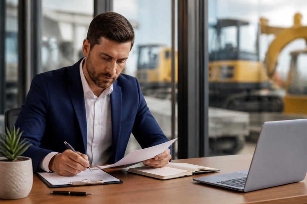 Professional reviewing documents for equipment financing without financial statements in a modern office