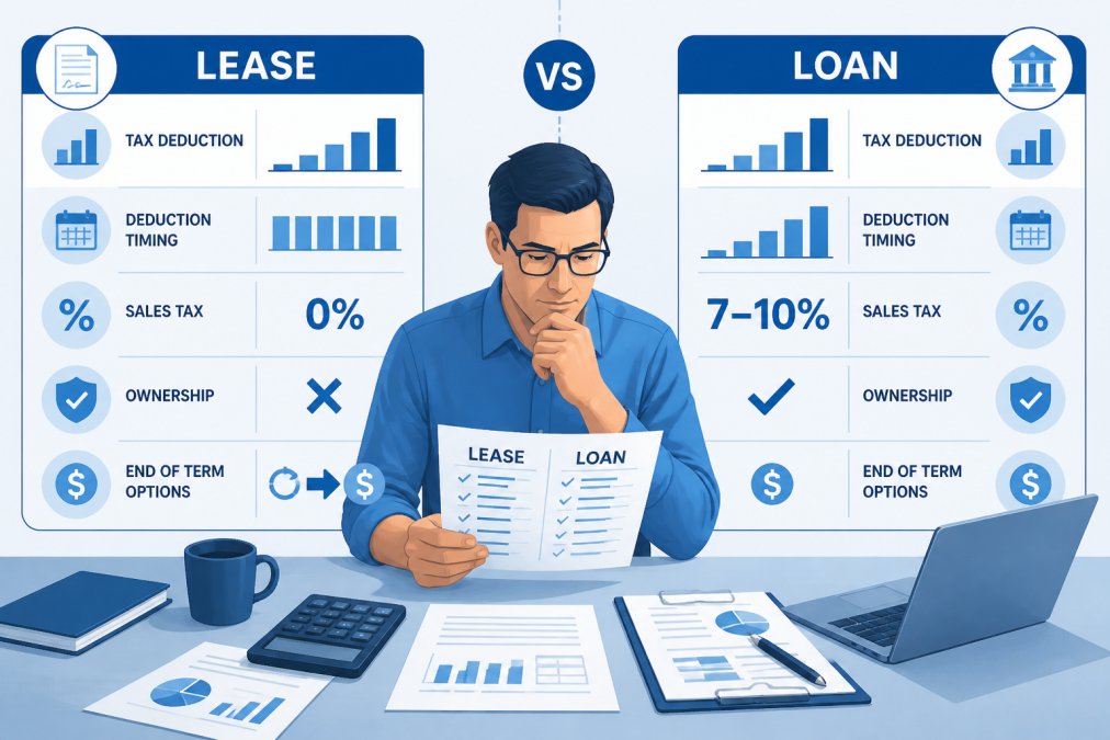 Business owner reviewing equipment financing documents at desk with calculator and laptop, analyzing lease versus loan options with documents spread across workspace