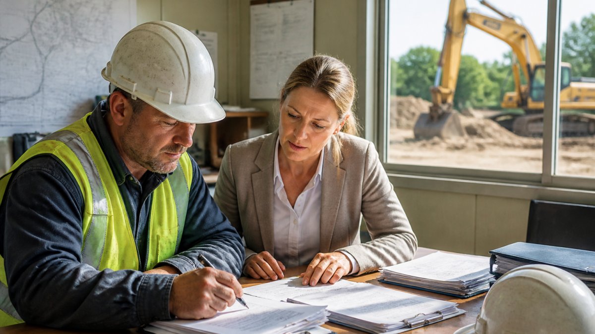 Business owner and finance manager reviewing equipment loan paperwork at a construction job site trailer