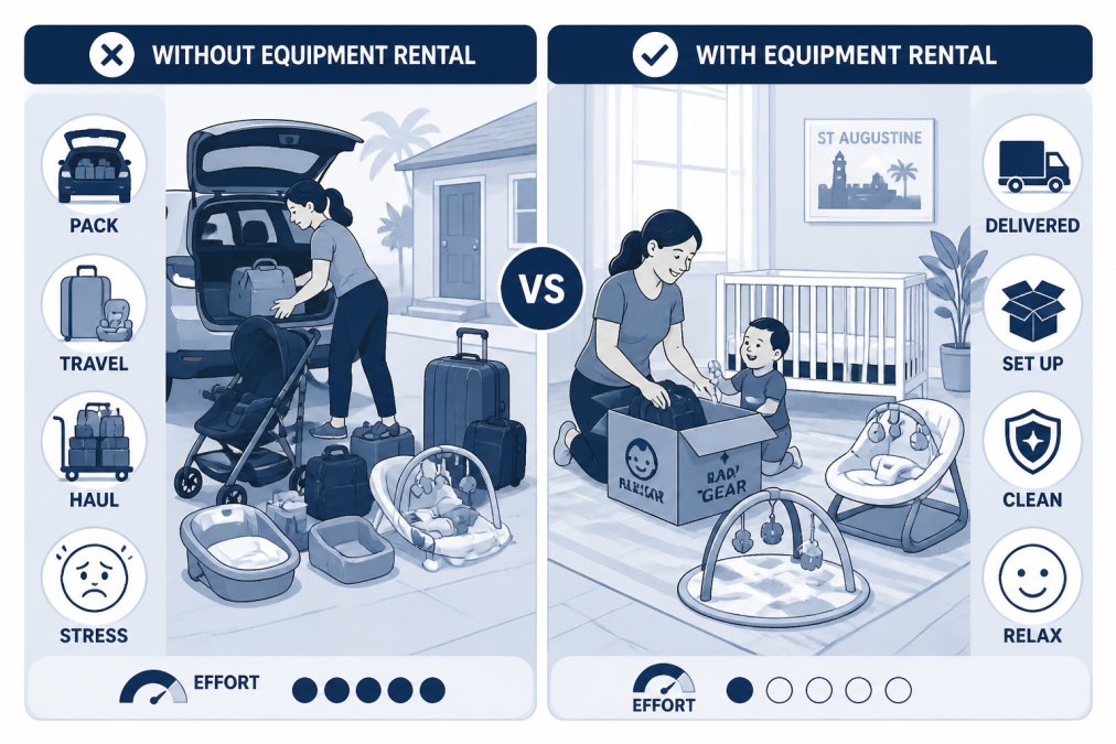 A parent and toddler unpacking delivered baby gear at a vacation rental home in St Augustine, with equipment boxes and a new crib visible on the floor, natural afternoon light