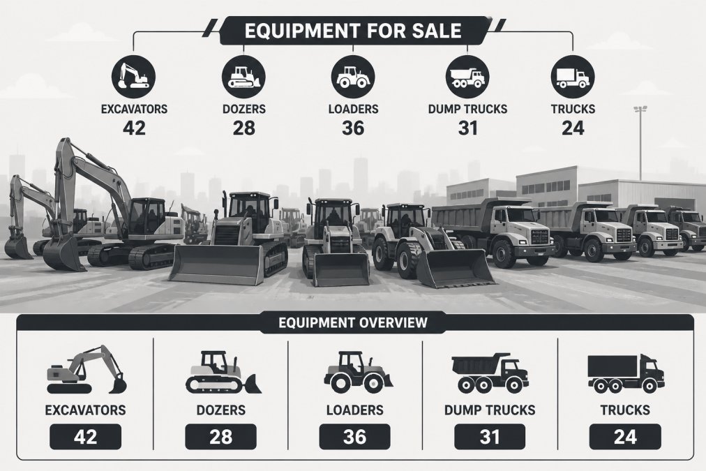 Heavy equipment yard with excavators, dozers, and trucks lined up for sale, showing diverse machinery with clear organization and professional presentation