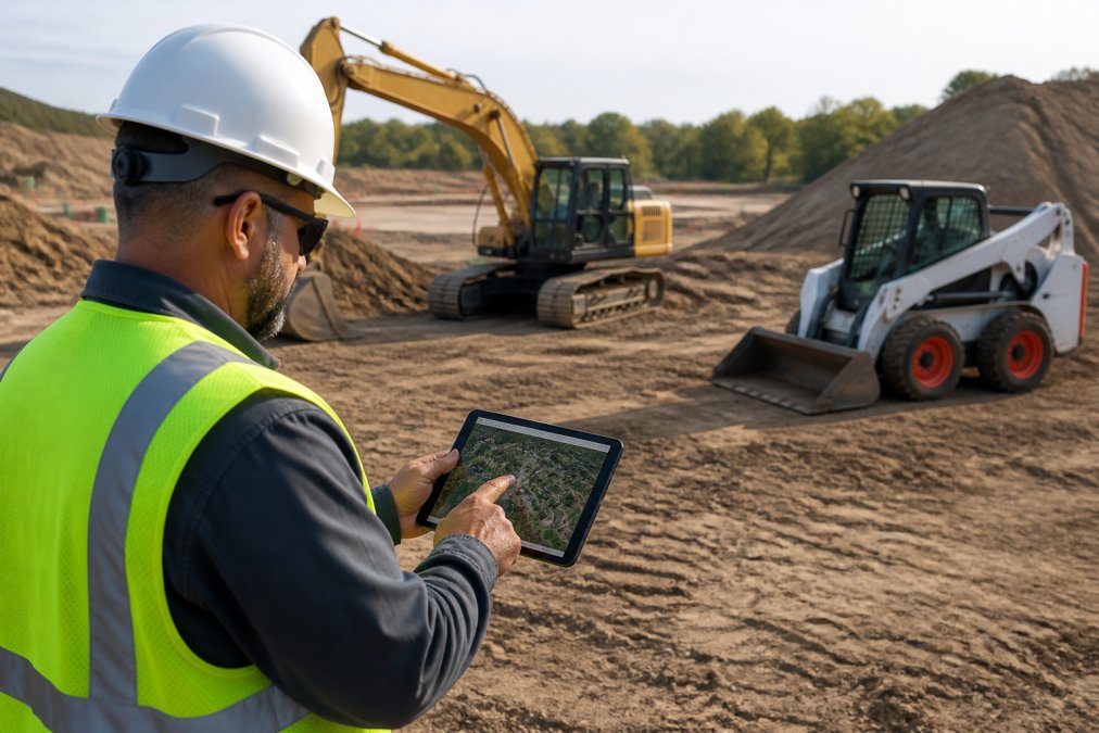 Construction site manager using a tablet for equipment tracking with heavy machinery in the background