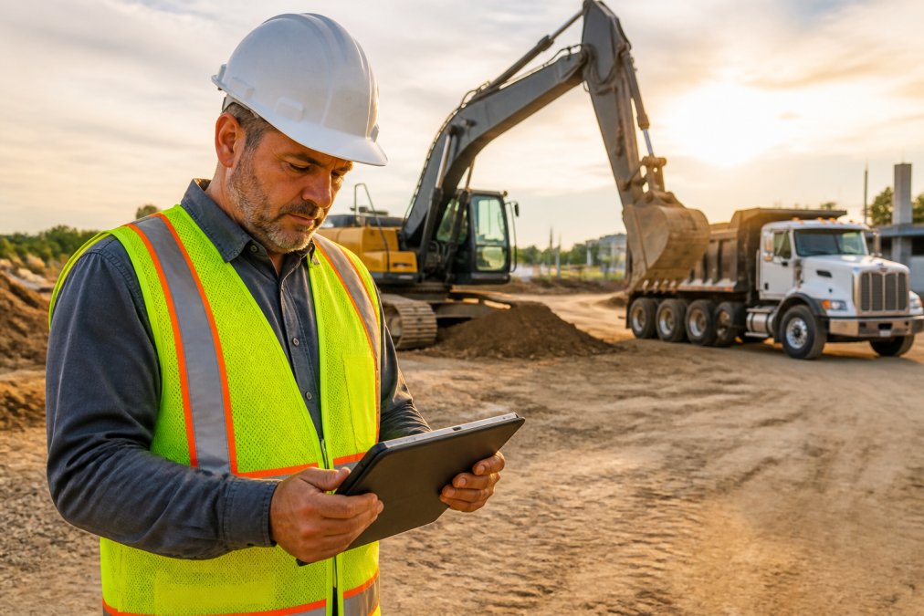 Construction business owner reviewing equipment financing documents on a tablet at a sunny job site